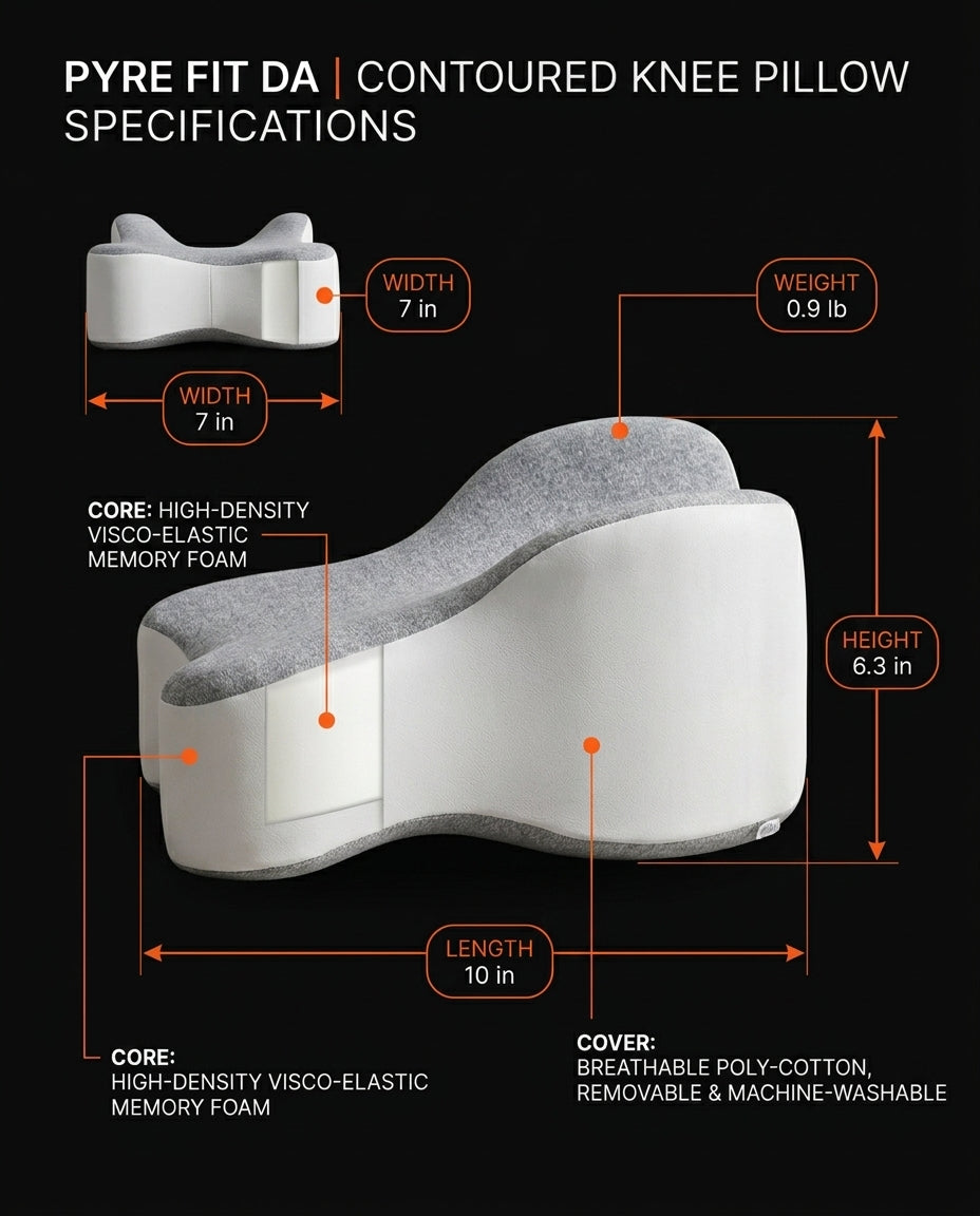 Knee pillow specs with dimensions, memory foam core and washable cover