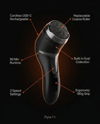 Foot file infographic showing USB-C charging, dust collection and speed settings