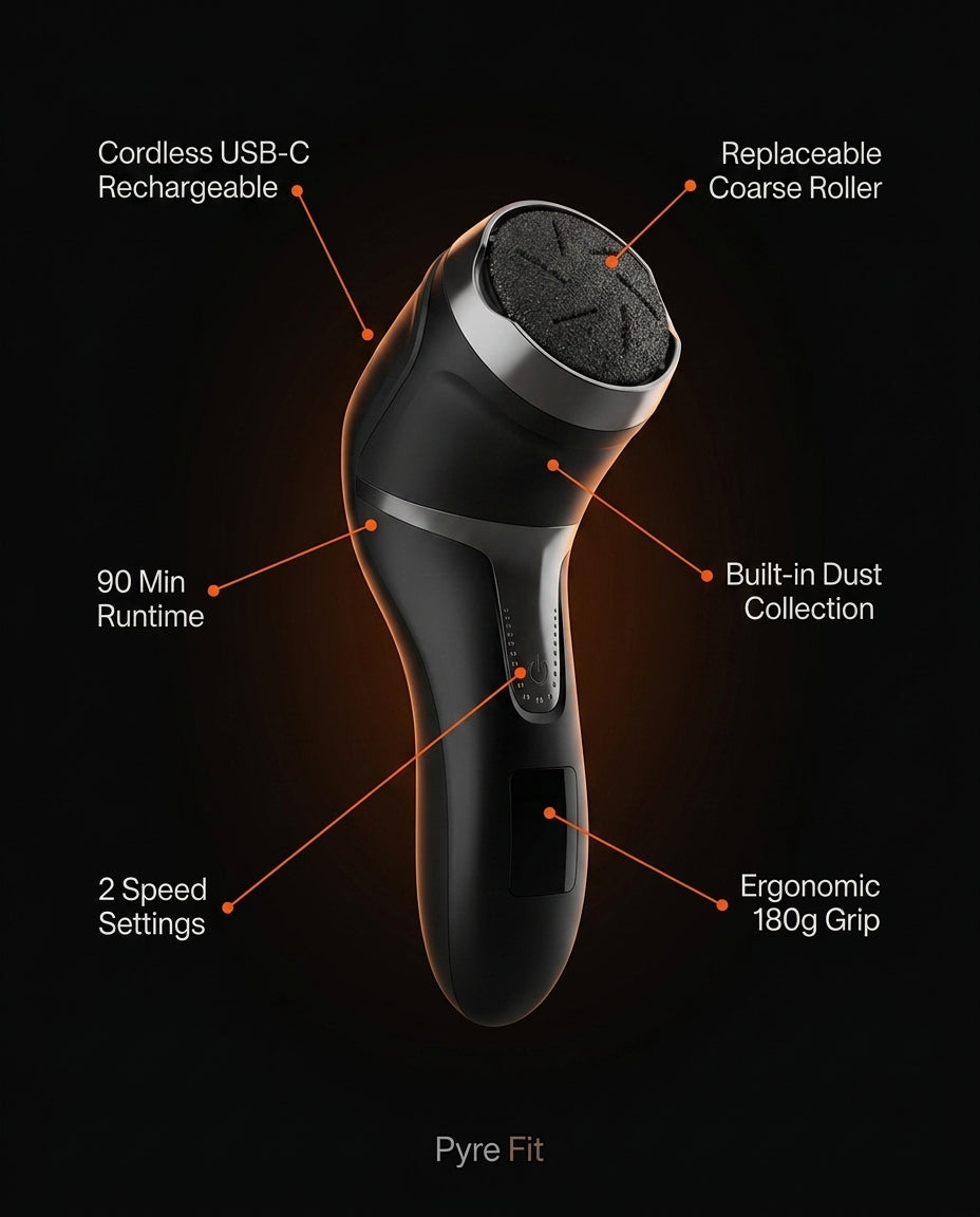 Foot file infographic showing USB-C charging, dust collection and speed settings