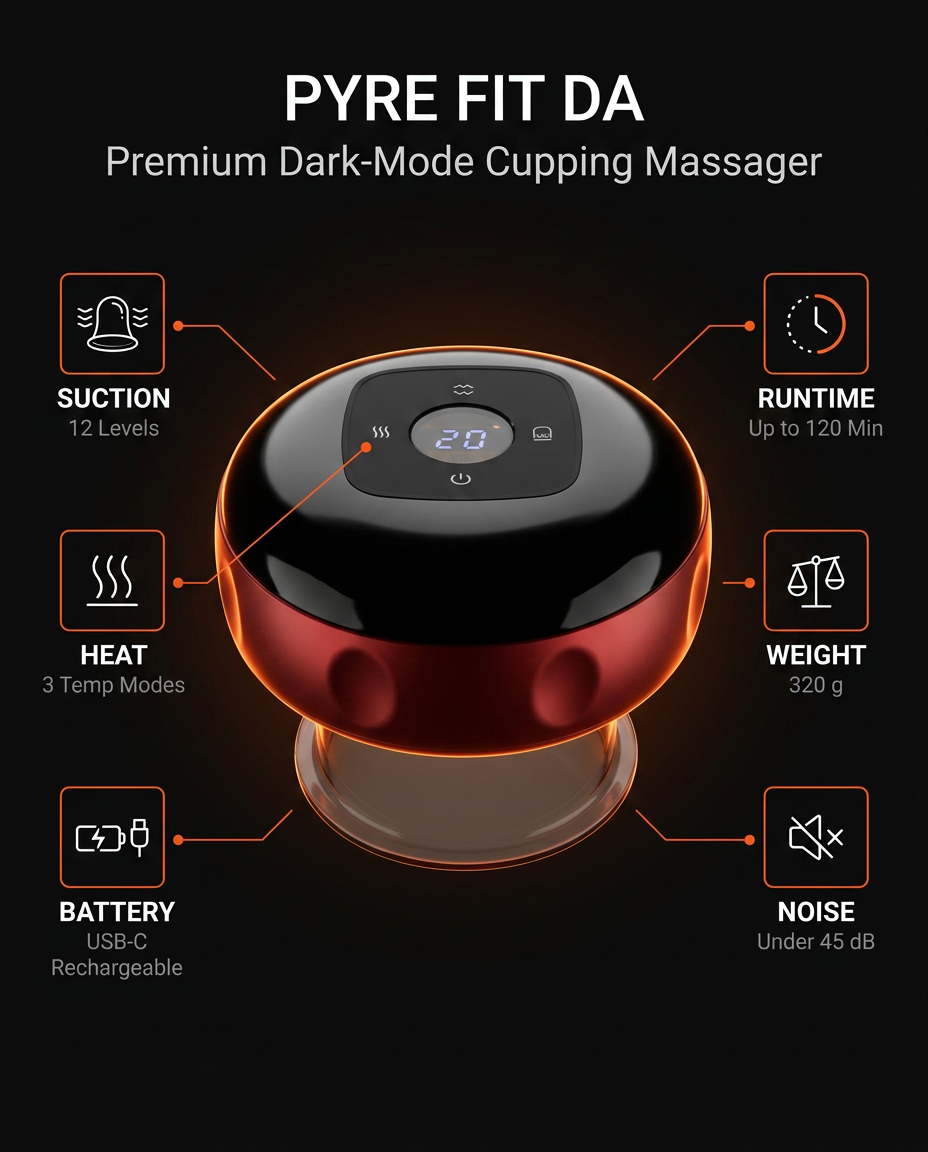 Specs graphic of the cupping massager's suction levels, heat and battery