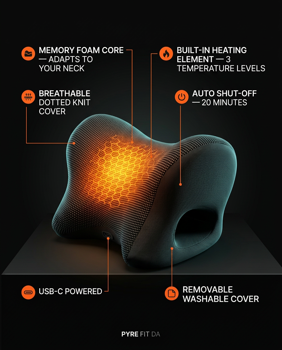 Tech specs infographic of the heated neck pillow with labeled features