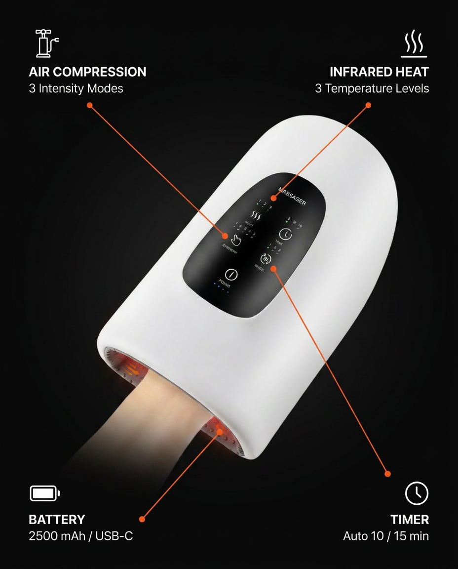 Massager specs: air compression, infrared heat, 2500 mAh USB-C, auto timer
