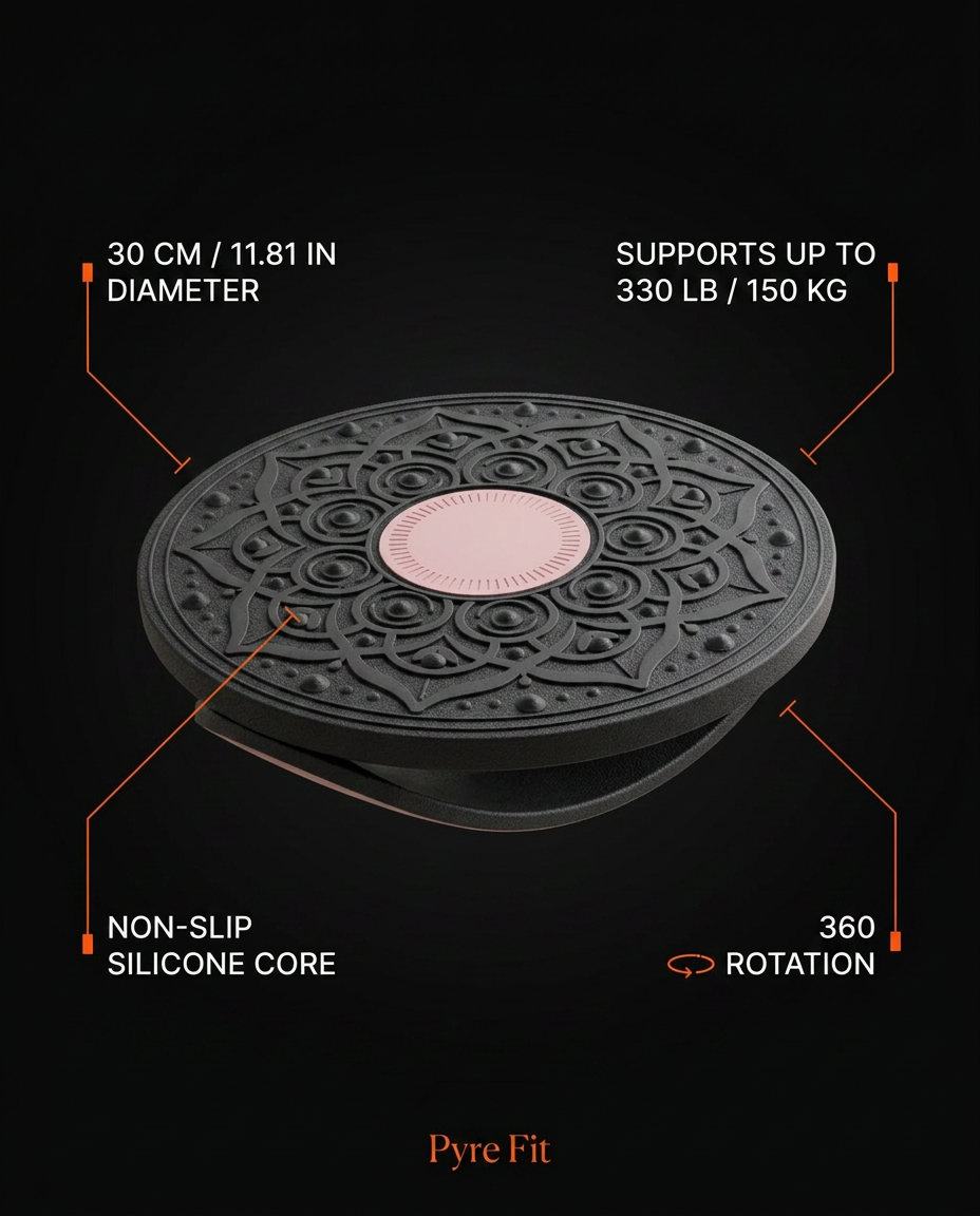Balance board specs: 30 cm diameter, 330 lb limit, silicone core, 360 rotation