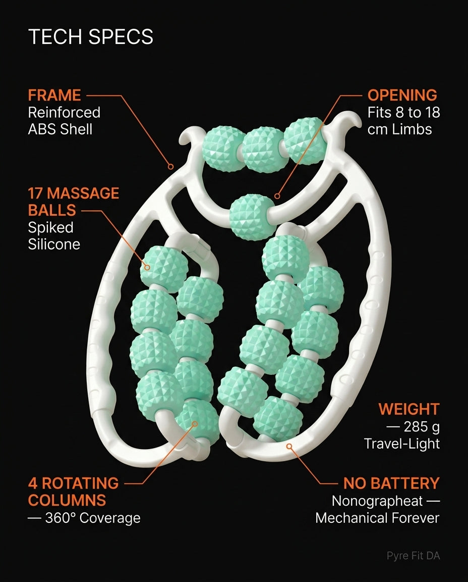 Infographic detailing the roller's 17 spiked balls and 360 degree frame