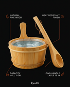 Infographic of the sauna bucket's pine wood, heat-resistant finish, 4L capacity and ladle