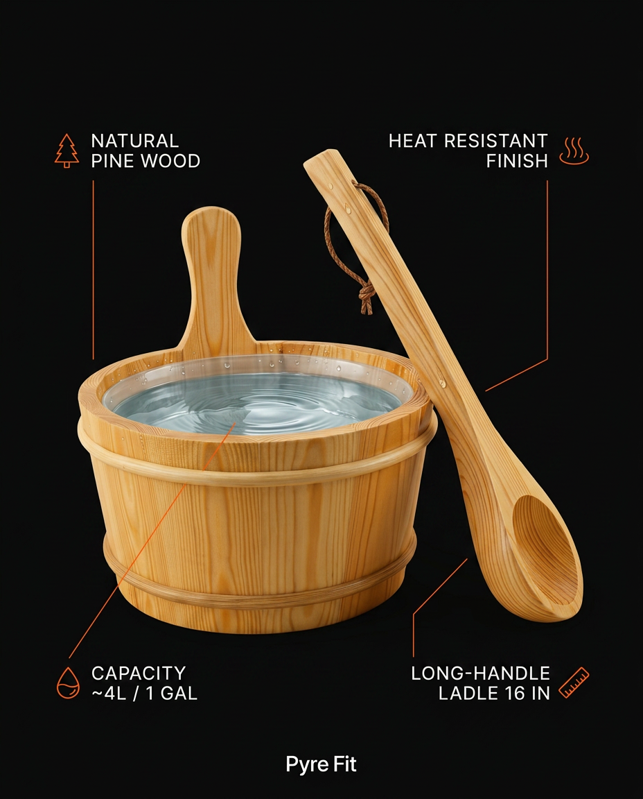 Infographic of the sauna bucket's pine wood, heat-resistant finish, 4L capacity and ladle