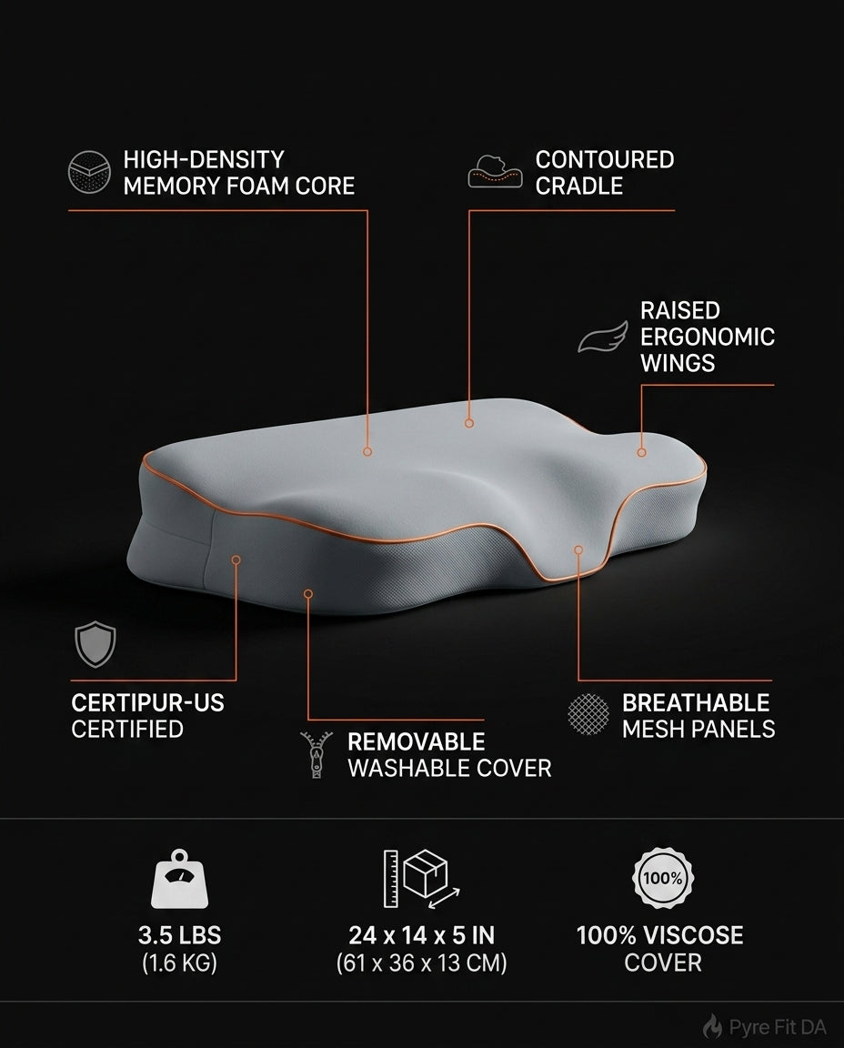 Infographic labeling the contour pillow's features, foam core and dimensions