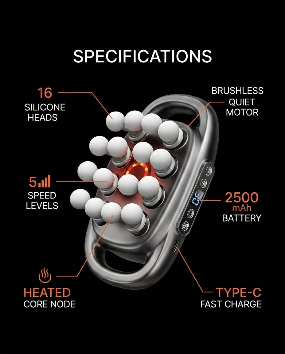 Specs diagram of the massage gun with 16 heads, 5 speeds and 2500 mAh battery