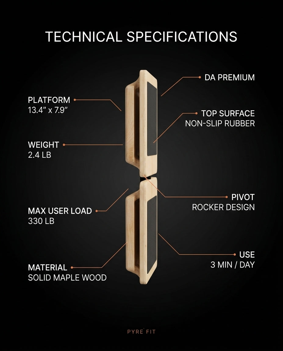 Technical specifications graphic for the maple wood ankle balance board