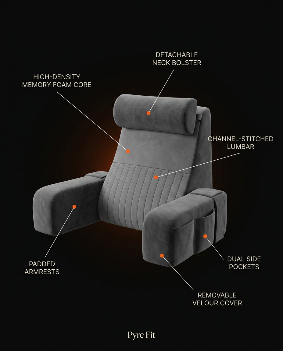 Bed rest pillow tech specs: memory foam core, neck bolster, side pockets, cover