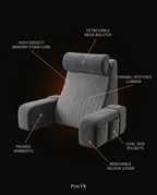 Bed rest pillow tech specs: memory foam core, neck bolster, side pockets, cover