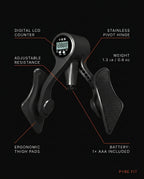 Hip trainer spec graphic labeling LCD counter, pivot hinge and thigh pads