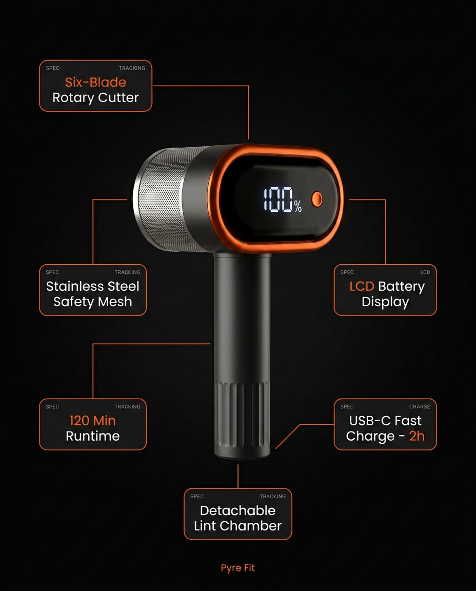 Tech spec infographic with six-blade cutter and USB-C fast charge callouts