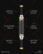 Massage stick specs infographic: length, speeds, balls, USB-C, battery