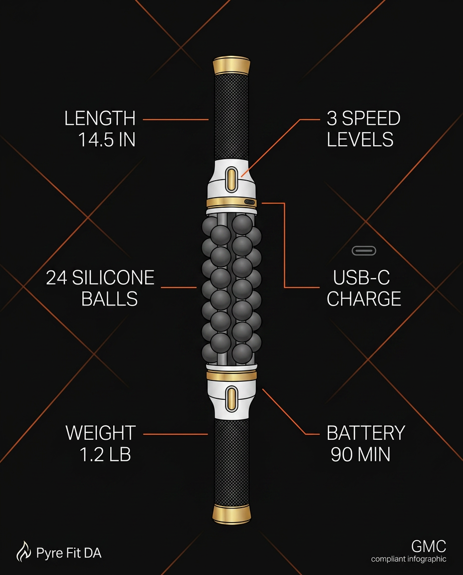 Massage stick specs infographic: length, speeds, balls, USB-C, battery