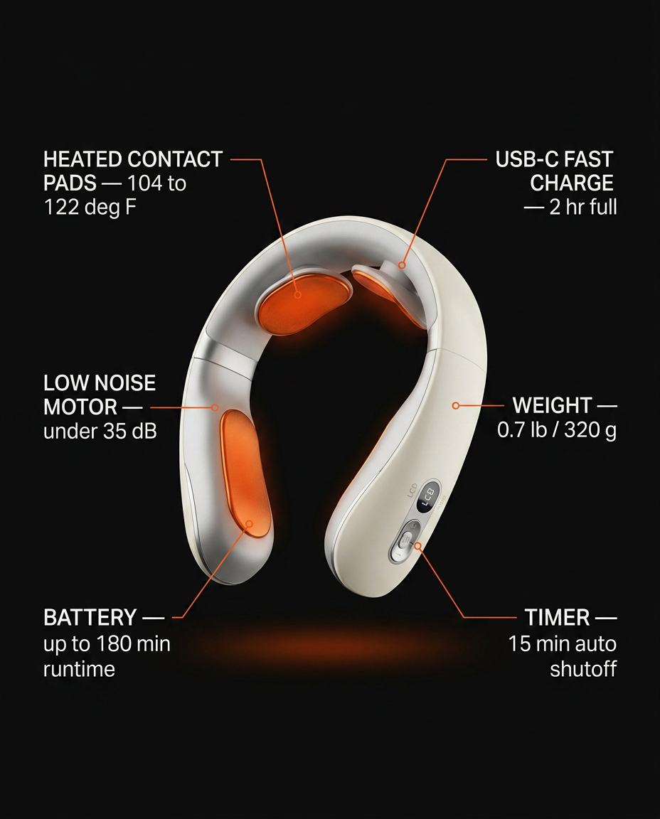 Neck massager tech specs infographic with heated pads, battery and timer