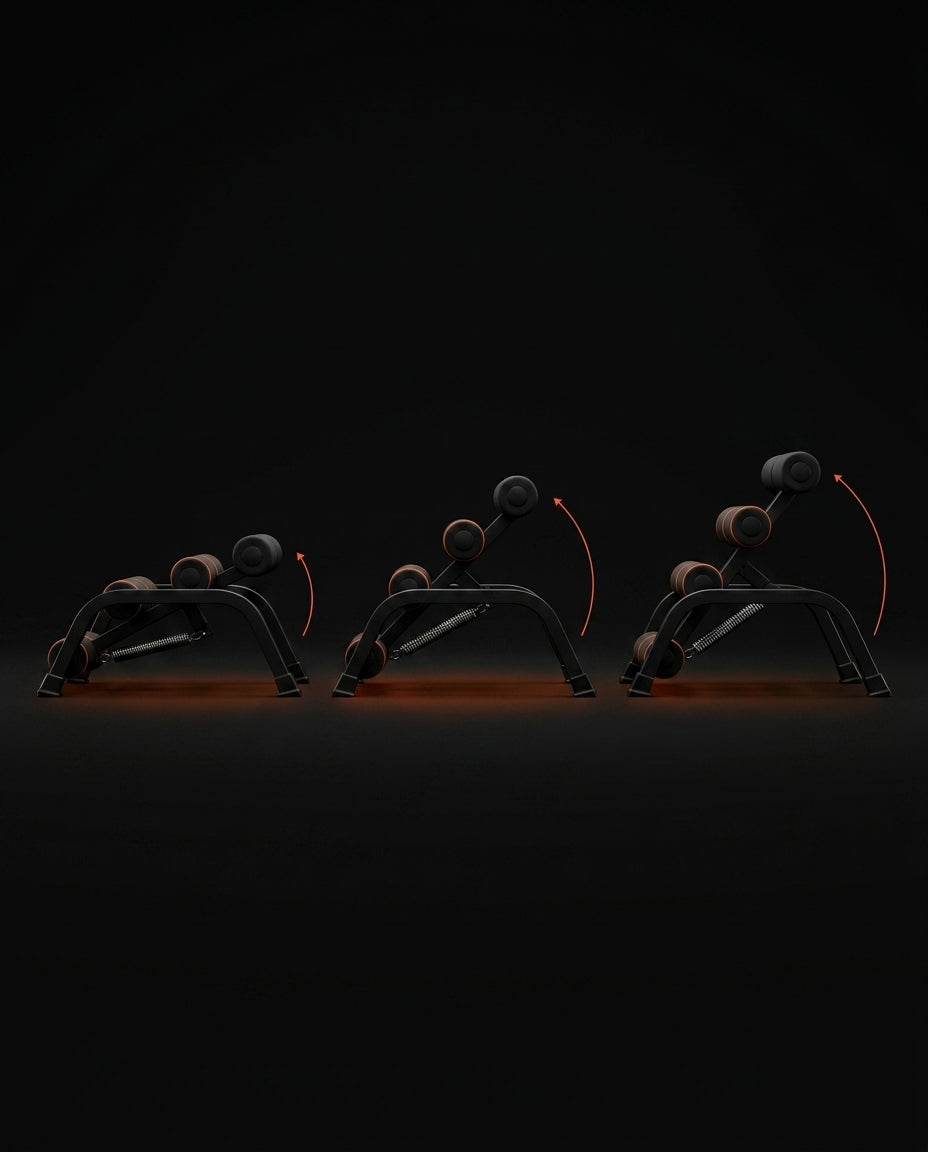 Infographic showing three adjustable backrest angles of the training bench