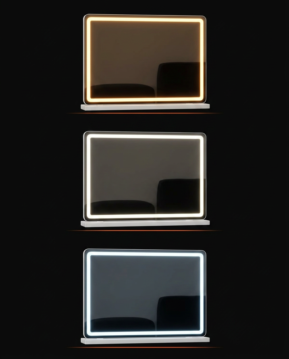 LED vanity mirror shown in warm, neutral and cool white lighting modes