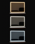 LED vanity mirror shown in warm, neutral and cool white lighting modes
