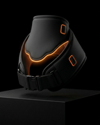 Three-quarter studio shot of the black neck wrap with glowing orange seam