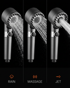 Infographic of the shower head's rain, massage and jet spray modes
