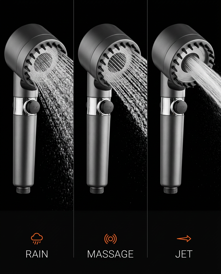Infographic of the shower head's rain, massage and jet spray modes