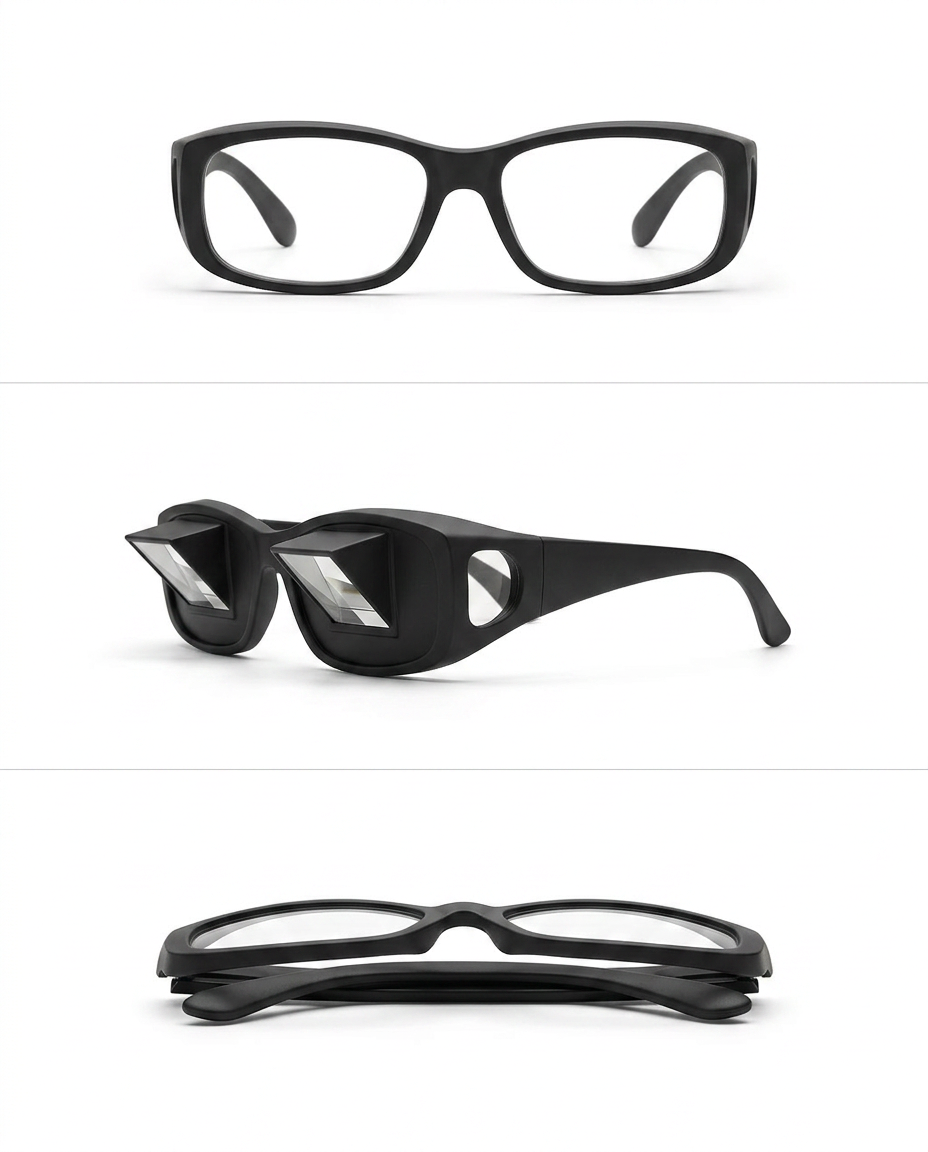 Three-view grid of the prism bed glasses: front, side and top angles