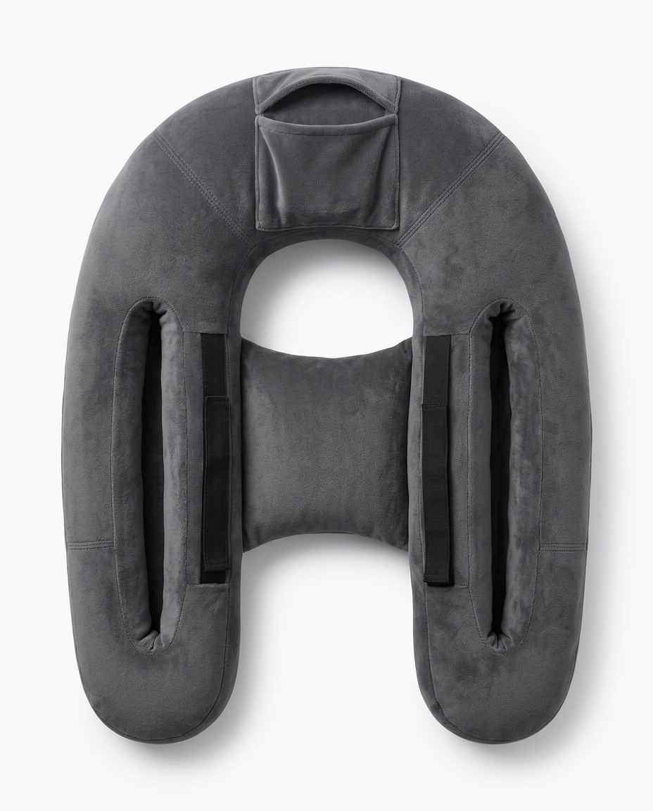 Top-down view of the grey hands-free pillow showing arm channels and phone slot