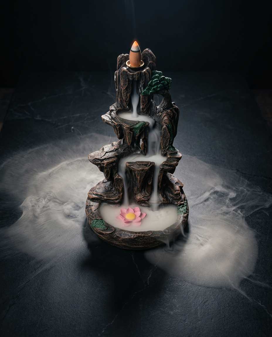Incense holder with smoke pooling around its base, elevated view