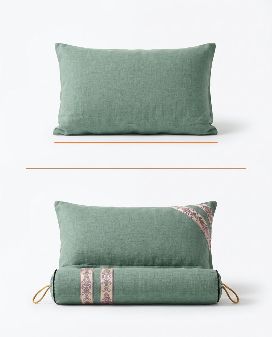 Diagram showing the convertible pillow as a flat cushion and as a cushion with bolster