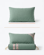 Diagram showing the convertible pillow as a flat cushion and as a cushion with bolster