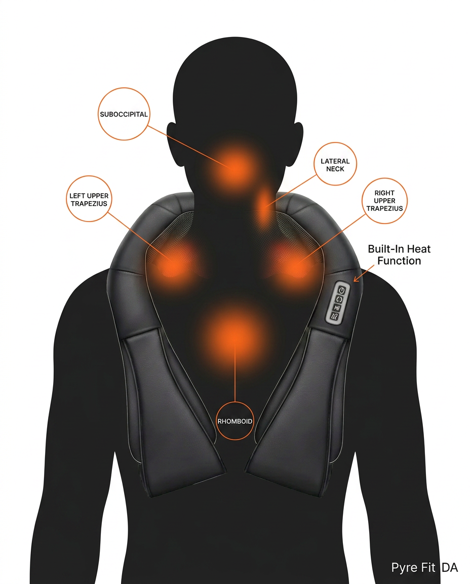 Diagram of the massage target zones on the neck, shoulders and back