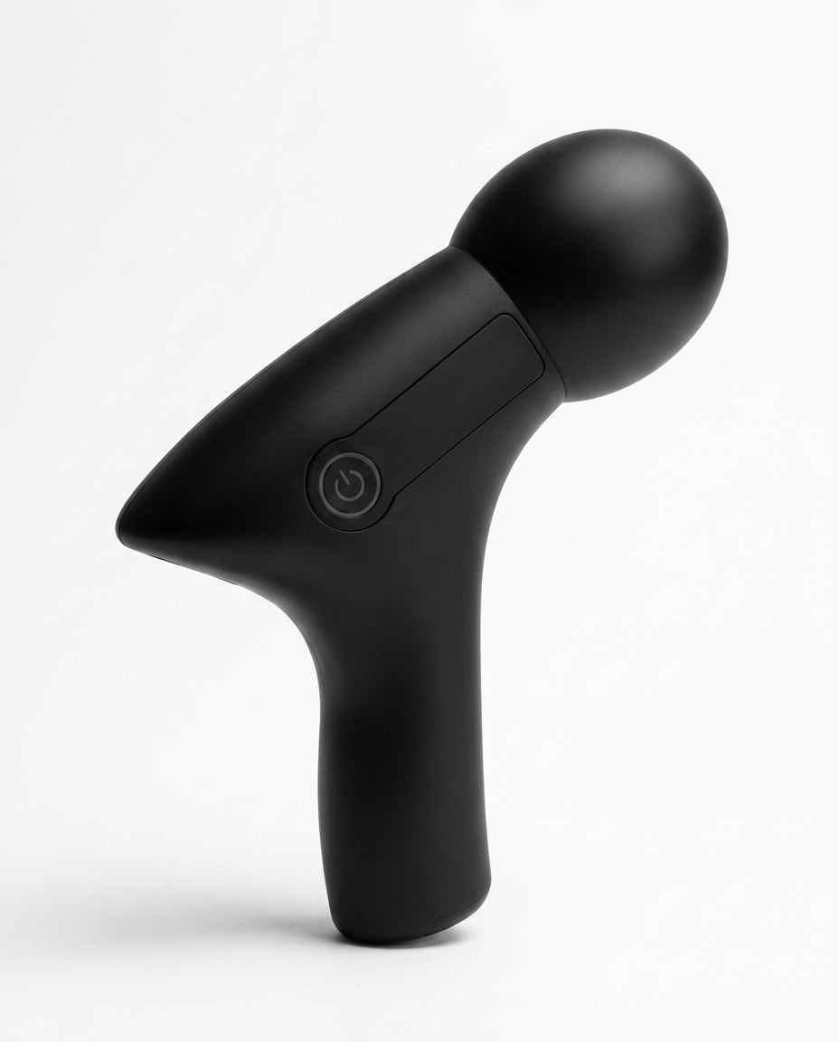 Black ergonomic deep tissue massage gun with dome head, on white background
