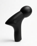 Black ergonomic deep tissue massage gun with dome head, on white background