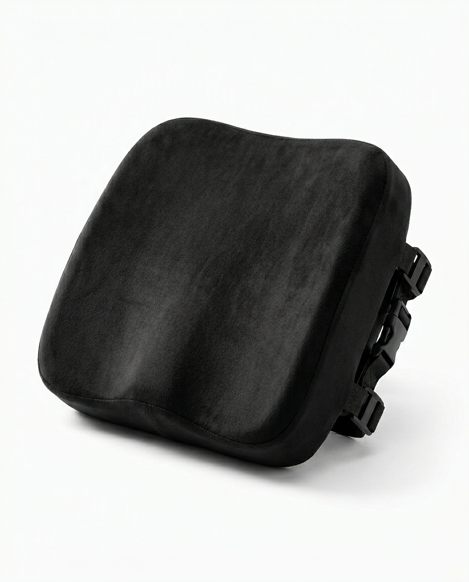 Single black armrest cushion pad with strap buckle, on white