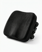 Single black armrest cushion pad with strap buckle, on white