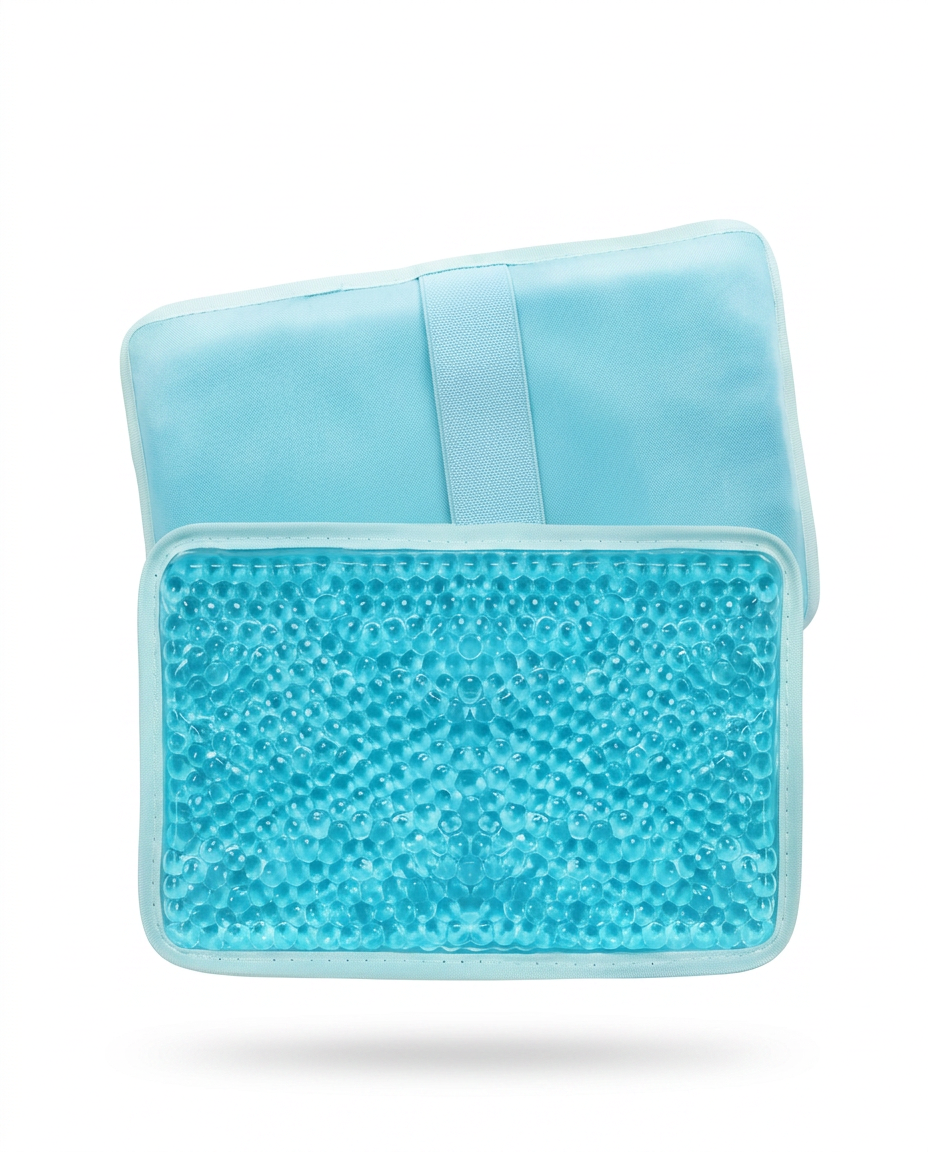 Blue variant gel pack with fabric wrap, studio shot on white