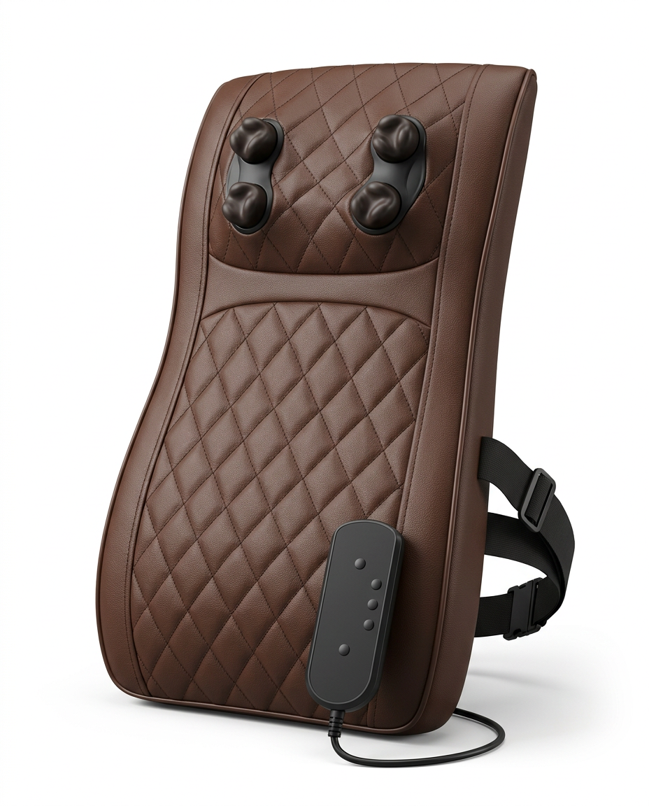 Brown leather shiatsu massage cushion with strap and remote, studio packshot on white