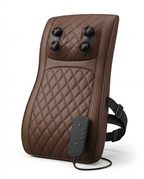 Brown leather shiatsu massage cushion with strap and remote, studio packshot on white