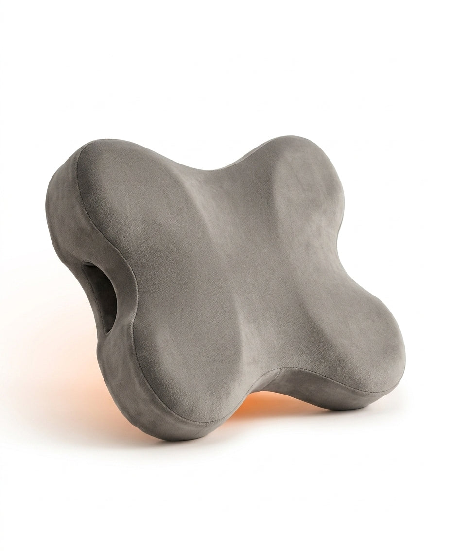 Grey variant of the four-lobed full body support pillow on white background