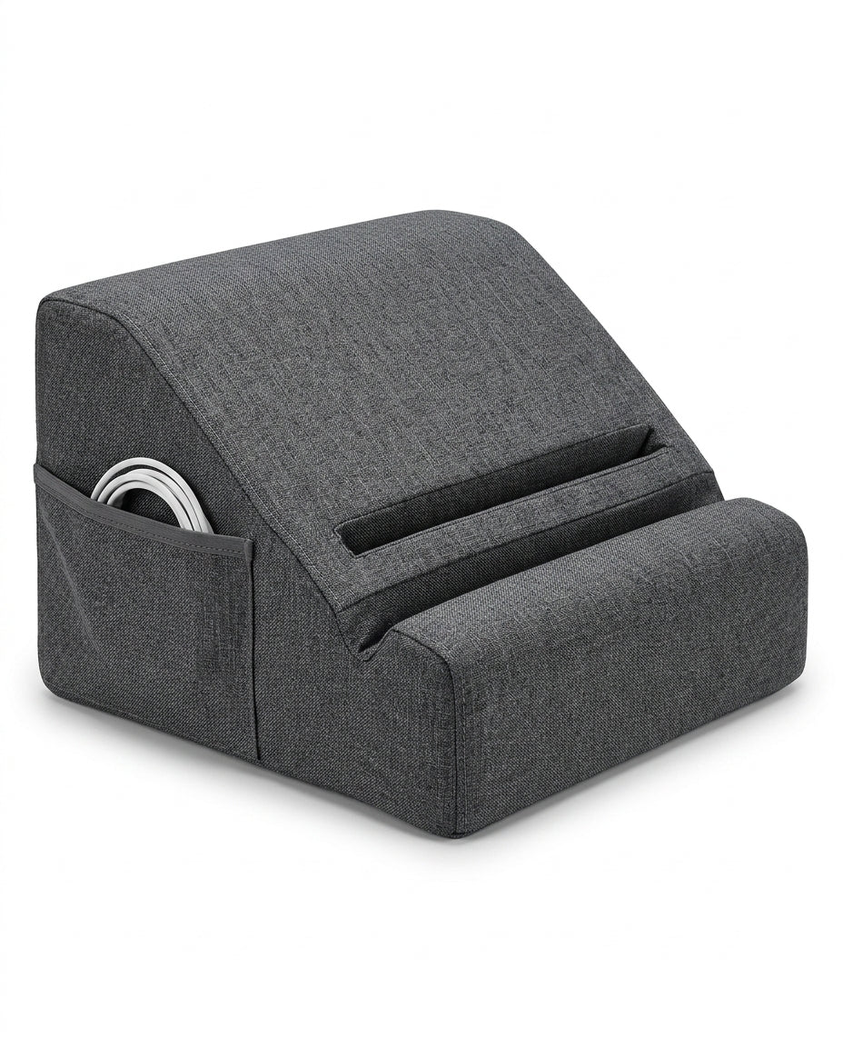 Dark grey wedge tablet pillow with side pocket, studio packshot