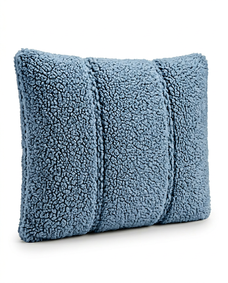 Haze blue sherpa lumbar support pillow, three-channel design on white