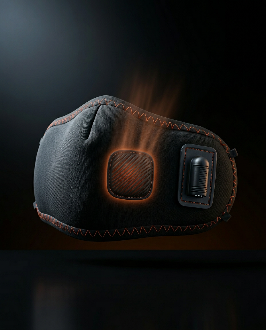 Heated mask with warm heat waves rising, illustrating the heating mode