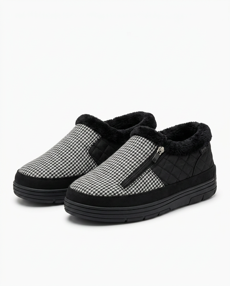 Black-and-white houndstooth heated slippers with side zip, studio packshot