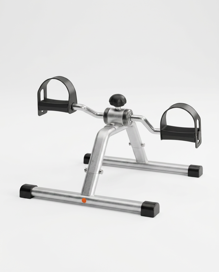 Silver pedal exercise bike, insert-type assembly version, on white
