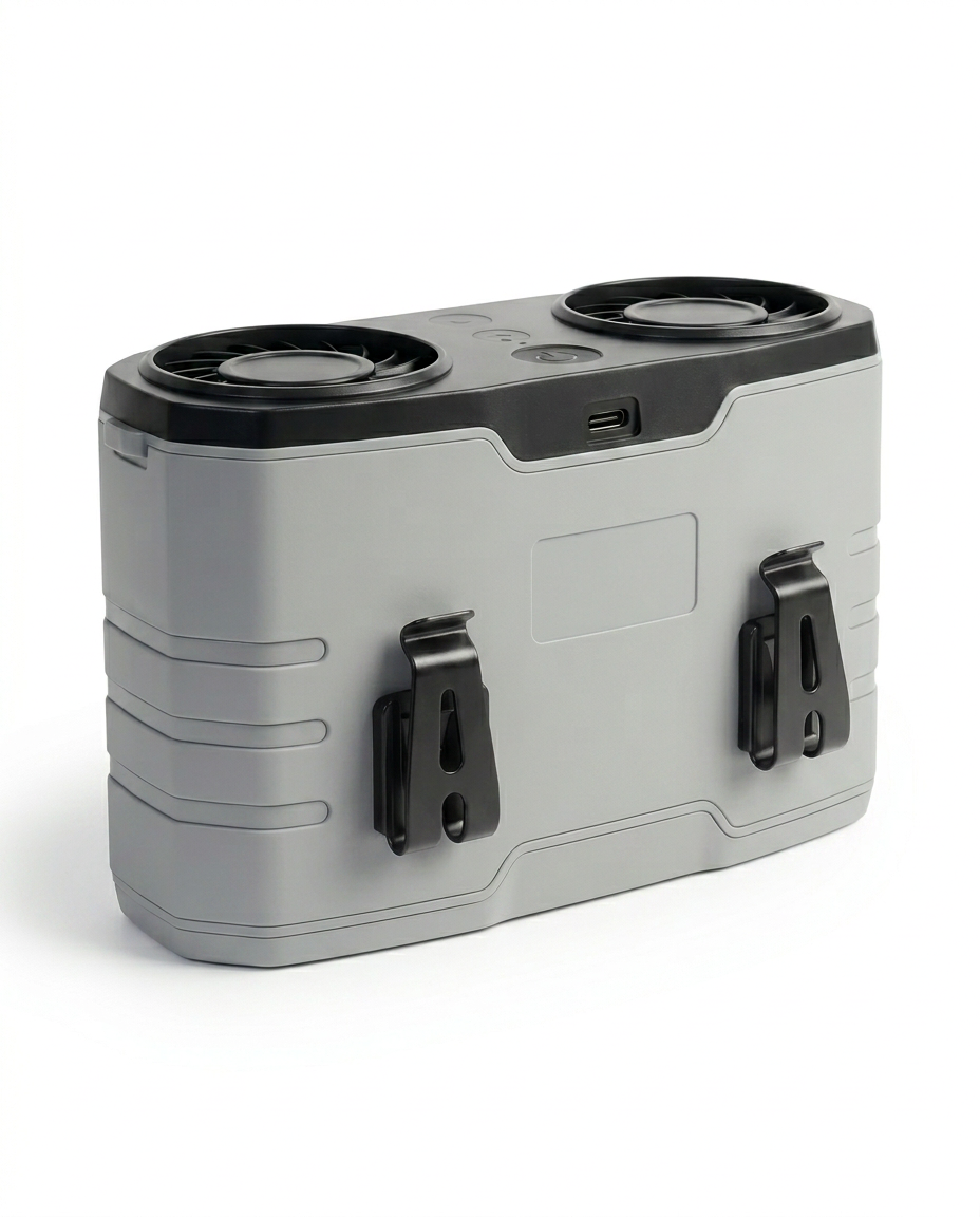 Mist gray variant of the dual-vent cooling unit with belt clips, packshot on white