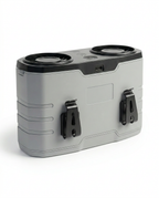 Mist gray variant of the dual-vent cooling unit with belt clips, packshot on white
