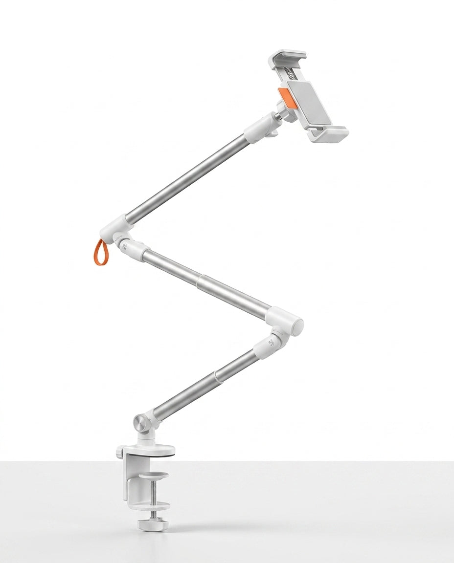 White articulating clamp-mount phone stand with empty cradle on white