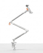 White articulating clamp-mount phone stand with empty cradle on white
