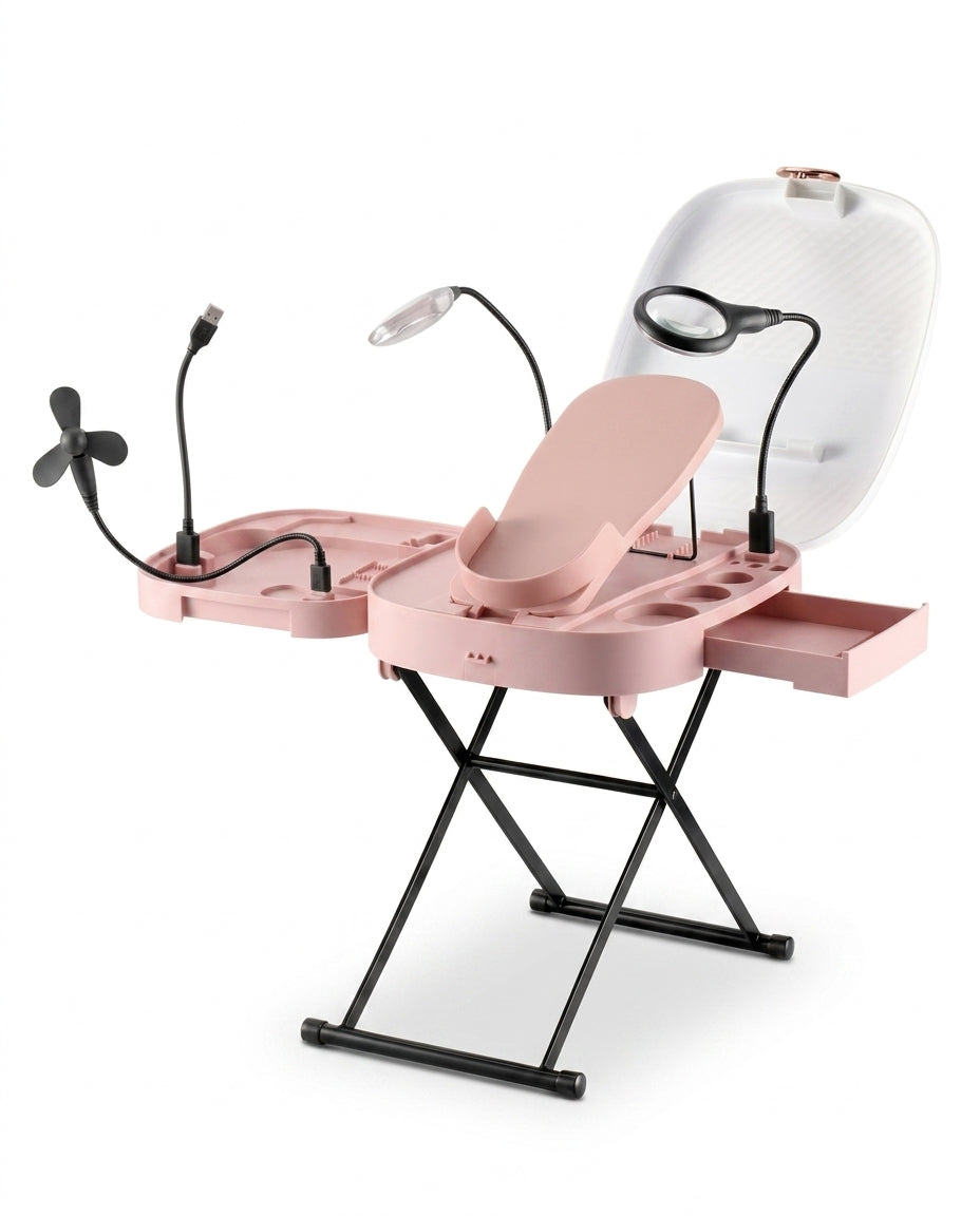 Pink variant of the foot care station with fan, lamp and magnifier